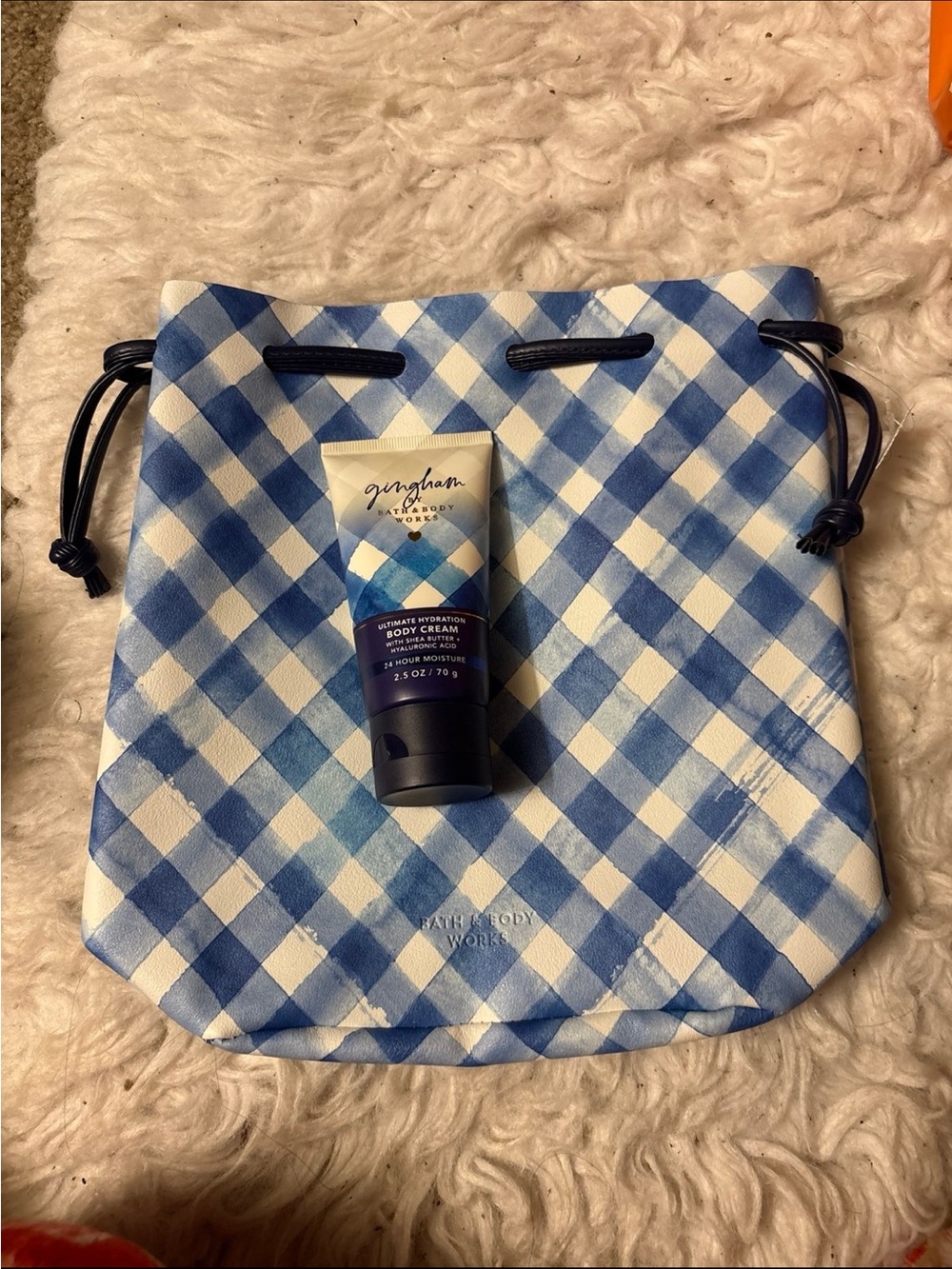 Bath & Body Works Blue and White Gingham Drawstring Pouch